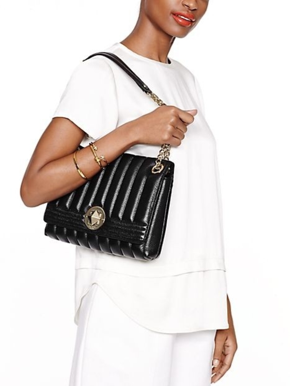 kate spade Black Quilted Shoulder Bag with Gold Chain & Emblem